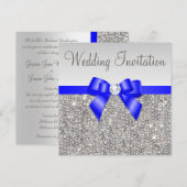 Faux Silver Sequins Royal Blue Bow Wedding Kaart (Voorkant / Achterkant)