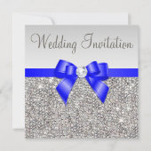 Faux Silver Sequins Royal Blue Bow Wedding Kaart (Voorkant)