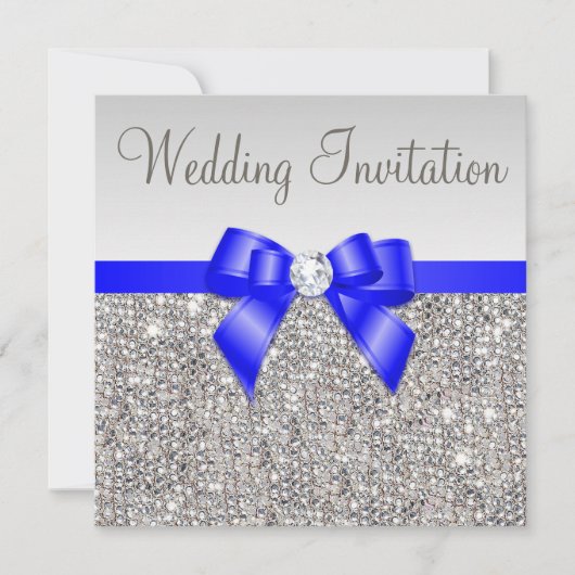 Faux Silver Sequins Royal Blue Bow Wedding Kaart (Voorkant)
