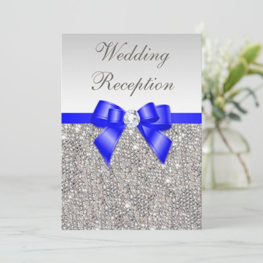 Faux Silver Sequins Royal Blue Wedding Reception Kaart (Staand voorkant)