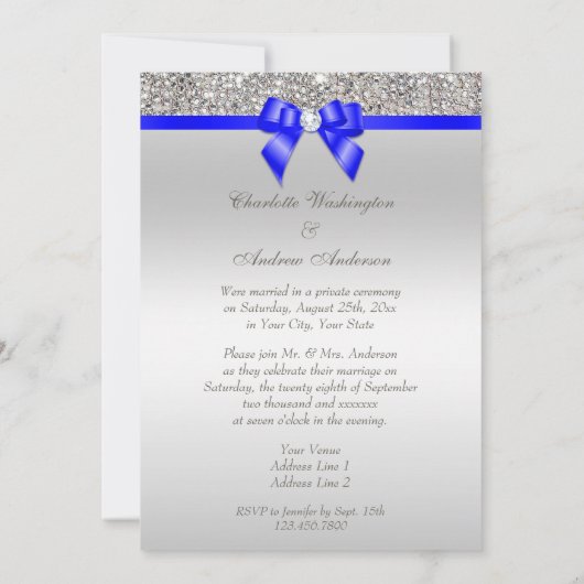 Faux Silver Sequins Royal Blue Wedding Reception Kaart (Achterkant)