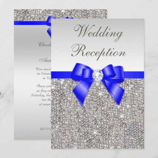 Faux Silver Sequins Royal Blue Wedding Reception Kaart (Voorkant / Achterkant)