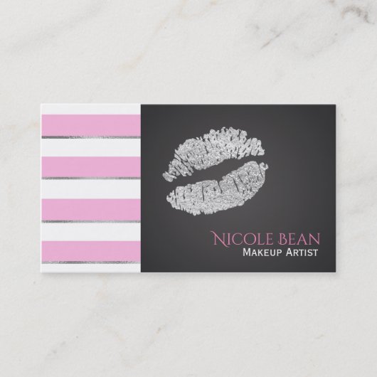 Faux Silver Shine Lips Pink White Stripes Chic Visitekaartje (Voorkant)