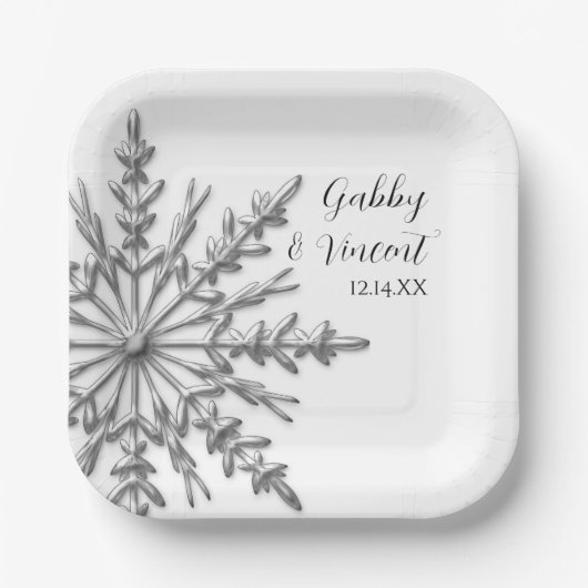 Faux Silver Snowflake Winter Wedding Papieren Bordje (Voorkant)