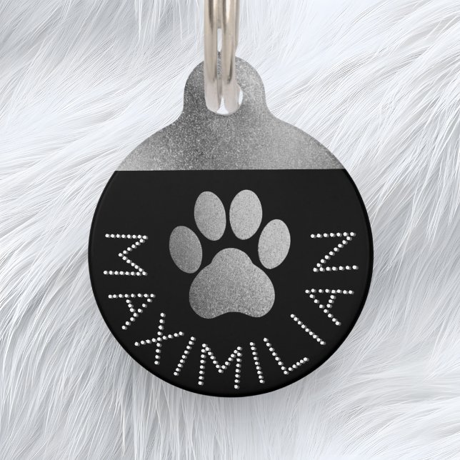 Faux Silver Sparkle Diamante Effect Trendy Hond Huisdierpenning (A personalized dog ID tag in faux silver and black, with glitter-effect pawprint and faux diamante)