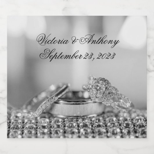 Faux Silver Wedding Elegant Name Date Script Sparkling Wijnetiket (Enkel label)