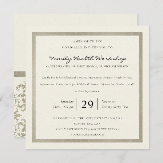 FAUX SILVER WHITE DAMASK CLASSIC WORKSHOP EVENT KAART (Voorkant / Achterkant)