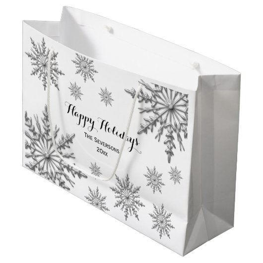 Faux Silver Winter Snowflakes Prettige feestdagen Large Cadeautasje (Voorkant Gekanteld)