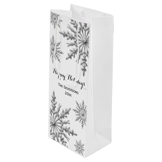 Faux Silver Winter Snowflakes Prettige feestdagen Wijn Cadeautas (Voorkant Gekanteld)