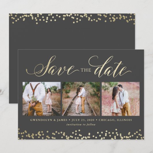 Faux Sparkle 3 Foto Save the Date Card (Voorkant / Achterkant)