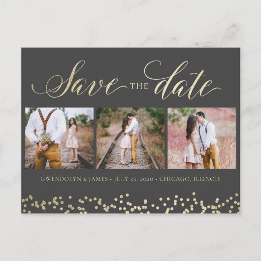 Faux Sparkle 3 Photo Save the Date Briefkaart (Voorkant)
