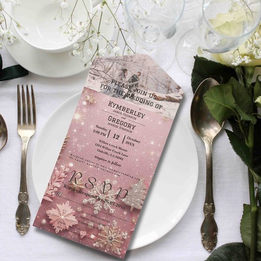 Faux Sparkle Shimmer Roze Zilver Winter Kerstmis All In One Uitnodiging