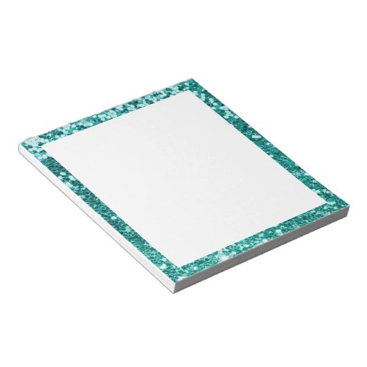 Faux Sparkly Blauwgroen Glitter Border White Notitieblok (Schuin)