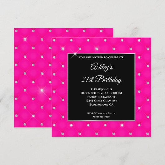 Faux Sparkly Diamond Hot Pink Birthday Kaart (Voorkant / Achterkant)