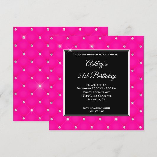 Faux Sparkly Diamond Tufted Hot Pink 21st Birthday Kaart (Voorkant / Achterkant)