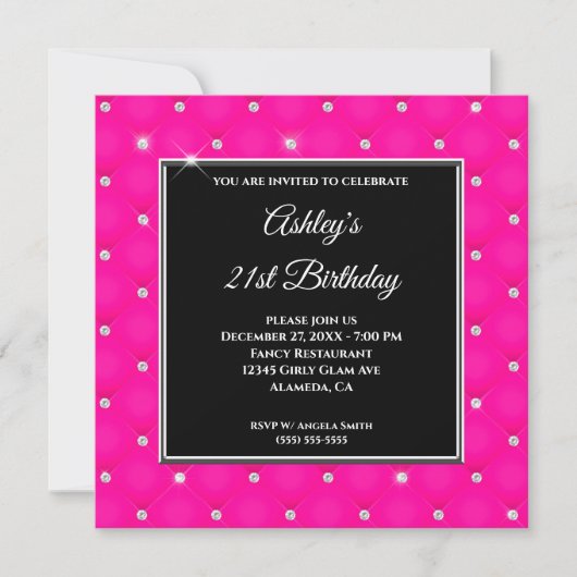 Faux Sparkly Diamond Tufted Hot Pink 21st Birthday Kaart (Voorkant)