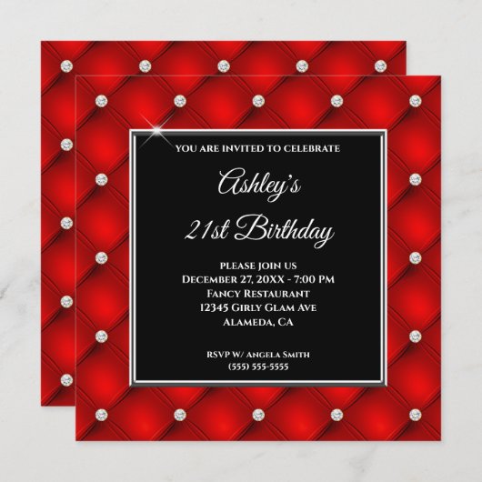 Faux Sparkly Diamond Tufted Red 21st Birthday Kaart (Voorkant / Achterkant)