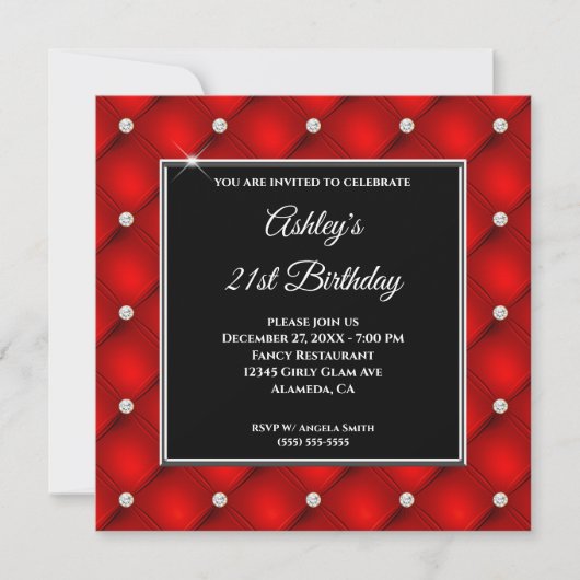 Faux Sparkly Diamond Tufted Red 21st Birthday Kaart (Voorkant)