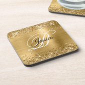 Faux Sparkly Gold Glitter Folie Monogram Bier Onderzetter (Linkerzijde)