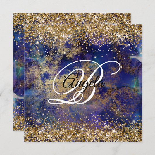 Faux Sparkly Gold Glitter Indigo Marble Monogram Kaart (Voorkant / Achterkant)