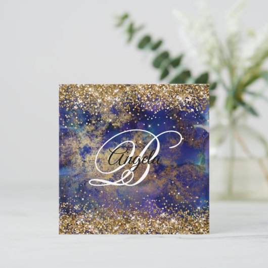 Faux Sparkly Gold Glitter Indigo Marble Monogram Kaart (Staand voorkant)