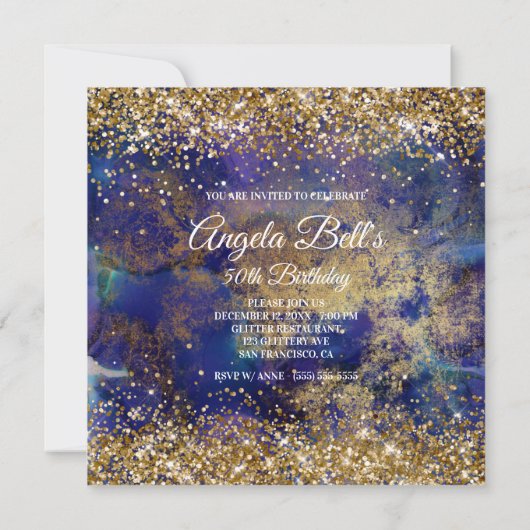 Faux Sparkly Gold Glitter Indigo Marble Monogram Kaart (Achterkant)