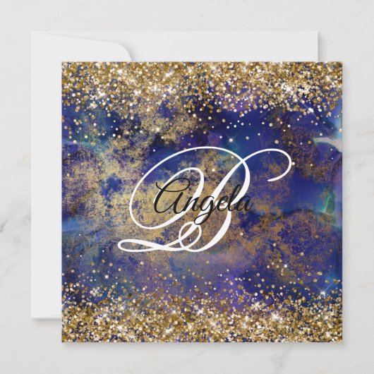 Faux Sparkly Gold Glitter Indigo Marble Monogram Kaart (Voorkant)