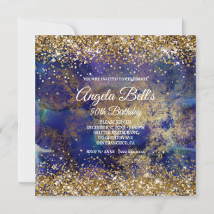 Faux Sparkly Gold Glitter Indigo Marble Monogram Kaart