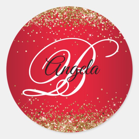 Faux Sparkly Gold Glitter Red Ombre Monogram Ronde Sticker (Voorkant)