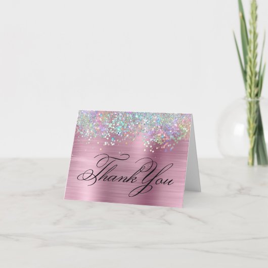 Faux Sparkly Holographic Glitter Pink Folie Bedankkaart (Voorkant)