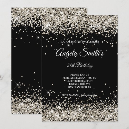 Faux Sparkly Platinum Glitter Black Kaart (Voorkant / Achterkant)