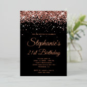Faux Sparkly Roos Gold Glitter Black 21st Birthday Folie Uitnodiging (Staand Voorkant)