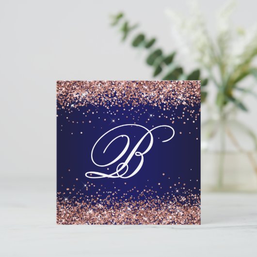 Faux Sparkly Roos Gold Glitter Monogram Navy Ombre Kaart (Staand voorkant)