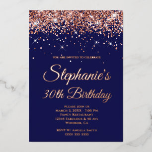 Faux Sparkly Roos Gold Glitter Navy 30th Birthday Folie Uitnodiging