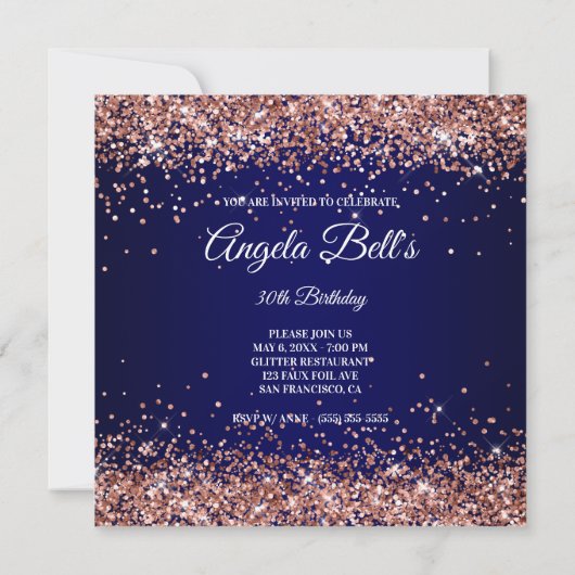 Faux Sparkly Roos Gold Glitter Navy Blue Kaart (Achterkant)