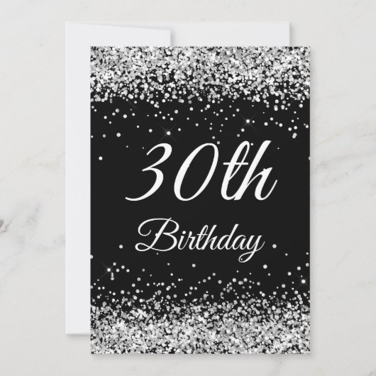 Faux Sparkly Silver Glitter Black 30th Birthday Kaart (Voorkant)