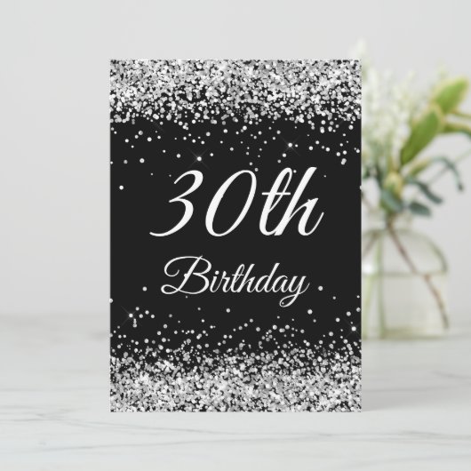 Faux Sparkly Silver Glitter Black 30th Birthday Kaart (Staand voorkant)
