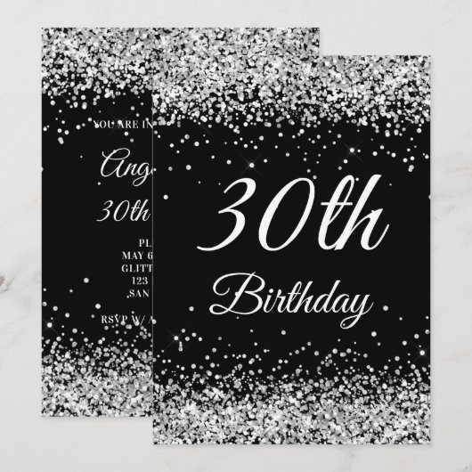 Faux Sparkly Silver Glitter Black 30th Birthday Kaart (Voorkant / Achterkant)