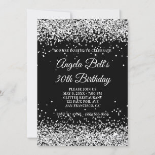 Faux Sparkly Silver Glitter Black 30th Birthday Kaart