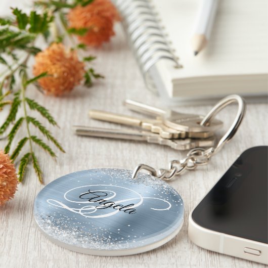 Faux Sparkly Silver Glitter Blue Folie Monogram Sleutelhanger (Voorkant Rechts)
