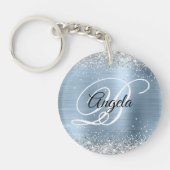 Faux Sparkly Silver Glitter Blue Folie Monogram Sleutelhanger (Voorkant)