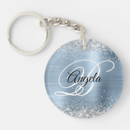 Faux Sparkly Silver Glitter Blue Folie Monogram Sleutelhanger