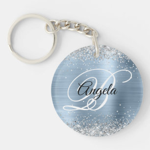 Faux Sparkly Silver Glitter Blue Folie Monogram Sleutelhanger