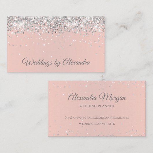 Faux Sparkly Silver Glitter Blush Visitekaartje (Voorkant / Achterkant)