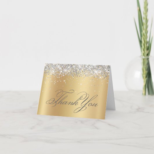 Faux Sparkly Silver Glitter Bord Gold Foil Bedankkaart (Voorkant)