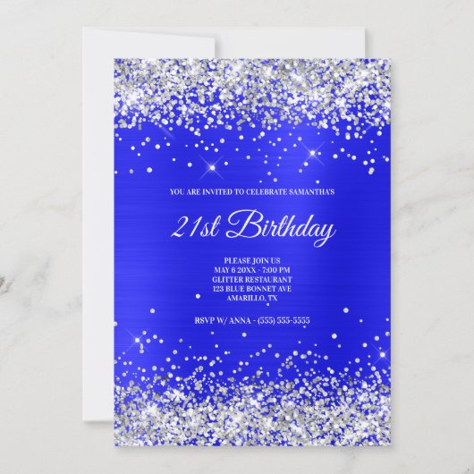 Faux Sparkly Silver Glitter Bright Blue Satin Foli Kaart (Voorkant)