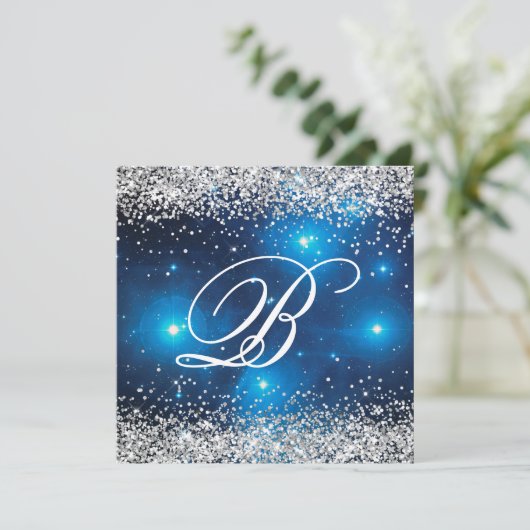 Faux Sparkly Silver Glitter Celestial Blue Kaart (Staand voorkant)