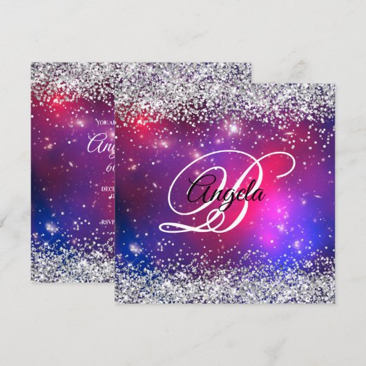 Faux Sparkly Silver Glitter Celestial Hot Pink Kaart (Voorkant / Achterkant)