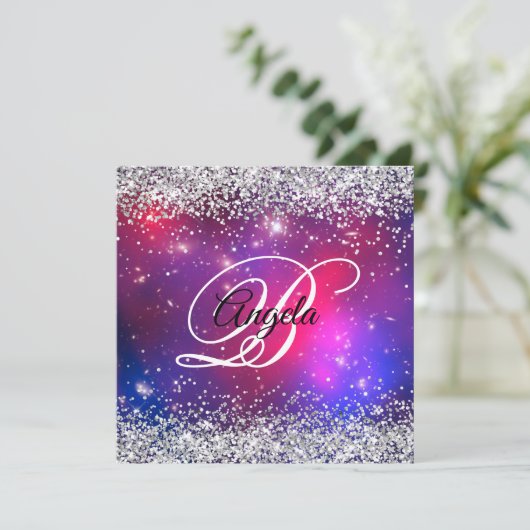 Faux Sparkly Silver Glitter Celestial Hot Pink Kaart (Staand voorkant)
