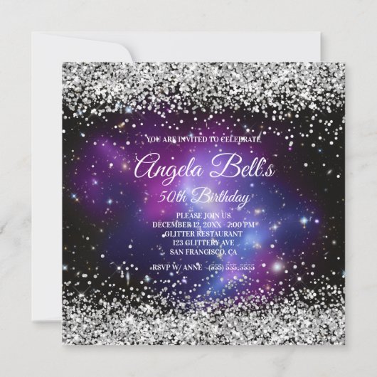 Faux Sparkly Silver Glitter Celestial Paars Kaart (Achterkant)